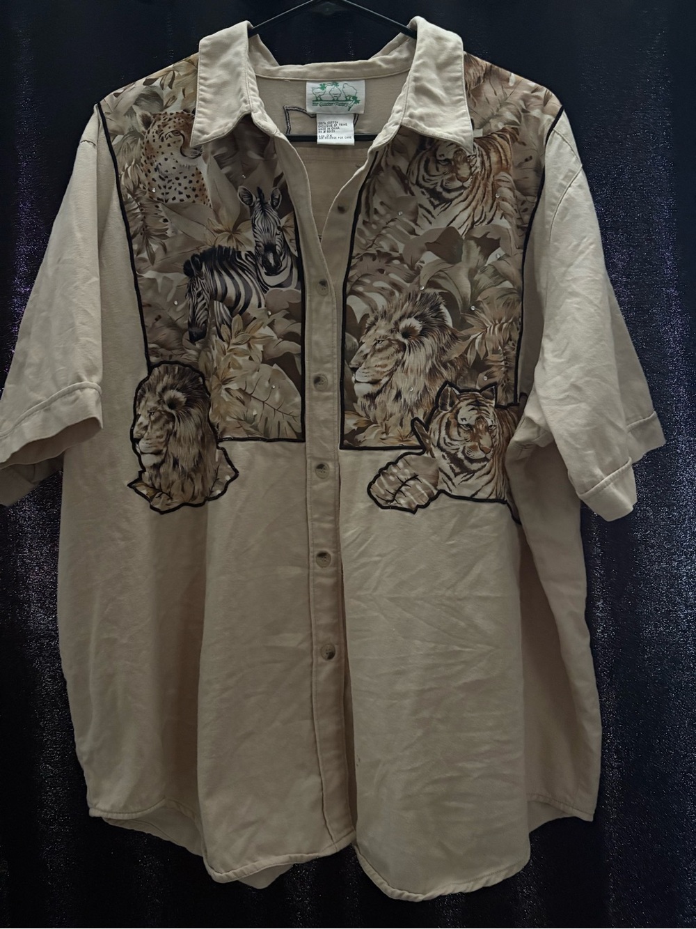 Quacker Factory Beige Safari Animal-Panel Button Down Shirt